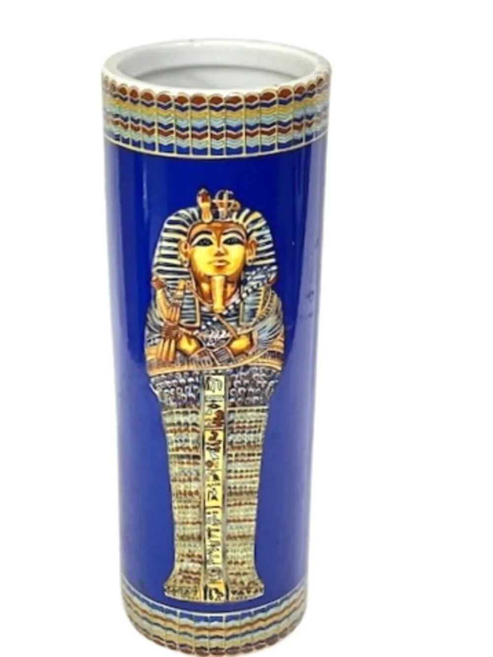 Egyptian ceramic pharaoh King Tut sarcophagus vase.